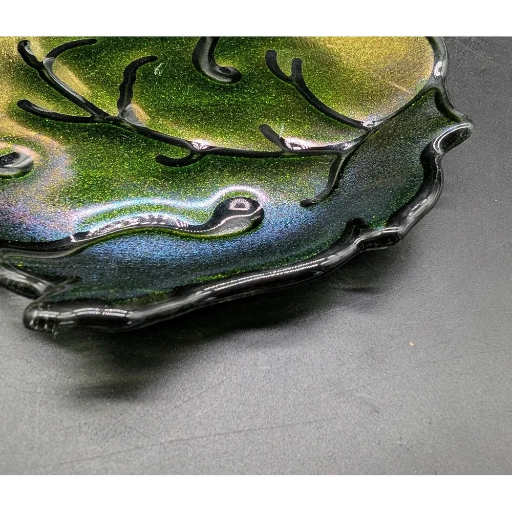 Claritas Studio Fused Art Glass Leaf Dish Iridescent Green Gold M Leeds Signed